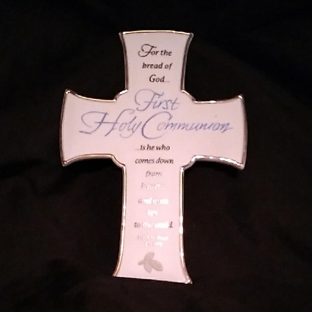 Silver and White First Holy Communion Ceramic Cross Vintage (S1)